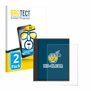 Vorderseite einer Produktverpackung mit dem Markenlogo BROTECT. Daneben ist das Gerät PocketBook InkPad Eo (2024) mit dem zuge