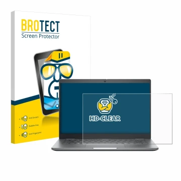 Vorderseite einer Produktverpackung mit dem Markenlogo BROTECT. Daneben ist das Gerät Dell Latitude 5350 Laptop mit dem zugehö