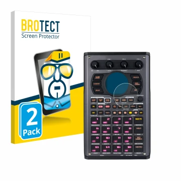Vorderseite einer Produktverpackung mit dem Markenlogo BROTECT. Daneben ist das Gerät Roland SP-404MKII mit dem zugehörigen Di