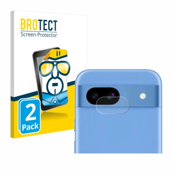 Vorderseite einer Produktverpackung mit dem Markenlogo BROTECT. Daneben ist das Gerät Google Pixel 8a (NUR Kameraschutz) mit d