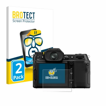 Vorderseite einer Produktverpackung mit dem Markenlogo BROTECT. Daneben ist das Gerät Fujifilm GFX100S II mit dem zugehörigen 