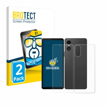 Vorderseite einer Produktverpackung mit dem Markenlogo BROTECT. Daneben ist das Gerät Sony Xperia 10 VI (Display+Rückseite) mi