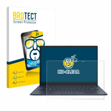 Vorderseite einer Produktverpackung mit dem Markenlogo BROTECT. Daneben ist das Gerät ASUS ZenBook 14 OLED UX3405 Touch mit de