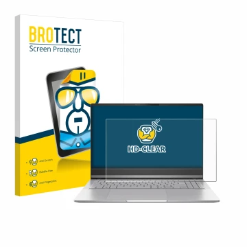 Vorderseite einer Produktverpackung mit dem Markenlogo BROTECT. Daneben ist das Gerät ASUS Vivobook S 15 OLED M5506 mit dem zu
