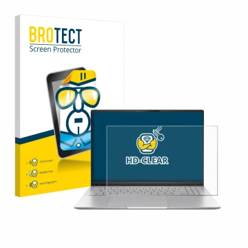 Vorderseite einer Produktverpackung mit dem Markenlogo BROTECT. Daneben ist das Gerät ASUS Vivobook S16 OLED M5606 mit dem zug