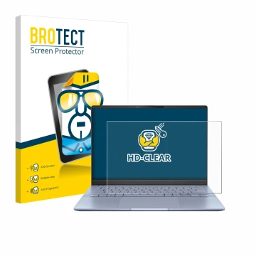 Vorderseite einer Produktverpackung mit dem Markenlogo BROTECT. Daneben ist das Gerät ASUS Vivobook S 14 OLED S5406 mit dem zu