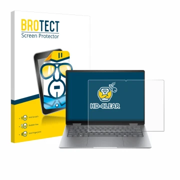 Vorderseite einer Produktverpackung mit dem Markenlogo BROTECT. Daneben ist das Gerät HP Envy x360 14 2-in-1 mit dem zugehörig