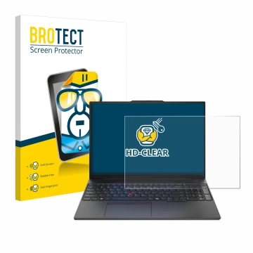 Vorderseite einer Produktverpackung mit dem Markenlogo BROTECT. Daneben ist das Gerät Lenovo ThinkPad E16 Gen 2 mit dem zugehö