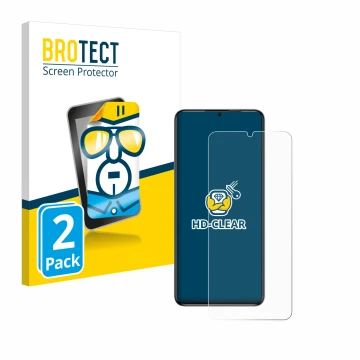 Vorderseite einer Produktverpackung mit dem Markenlogo BROTECT. Daneben ist das Gerät Oukitel C50 mit dem zugehörigen Displays