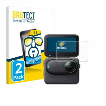 Vorderseite einer Produktverpackung mit dem Markenlogo BROTECT. Daneben ist das Gerät Insta360 Go 3S mit dem zugehörigen Displ