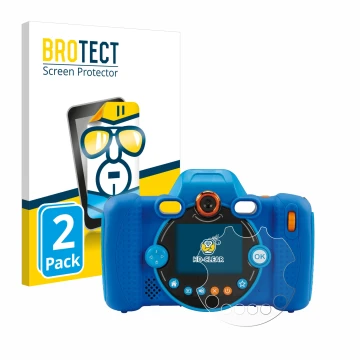 Vorderseite einer Produktverpackung mit dem Markenlogo BROTECT. Daneben ist das Gerät Vtech Kidizoom Duo FX mit dem zugehörige