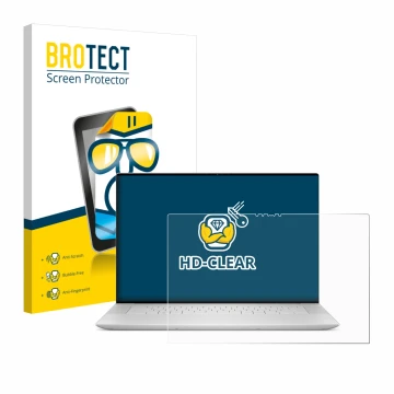 Vorderseite einer Produktverpackung mit dem Markenlogo BROTECT. Daneben ist das Gerät Dell XPS 16 9640 mit dem zugehörigen Dis