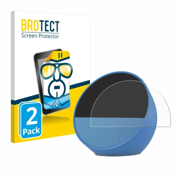 Vorderseite einer Produktverpackung mit dem Markenlogo BROTECT. Daneben ist das Gerät Amazon Echo Spot 2024 mit dem zugehörige