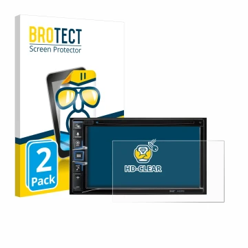 Vorderseite einer Produktverpackung mit dem Markenlogo BROTECT. Daneben ist das Gerät Alpine INE-W611D mit dem zugehörigen Dis