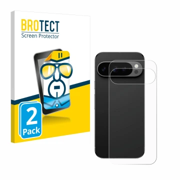 Vorderseite einer Produktverpackung mit dem Markenlogo BROTECT. Daneben ist das Gerät Google Pixel 9 Pro (Rückseite) mit dem z