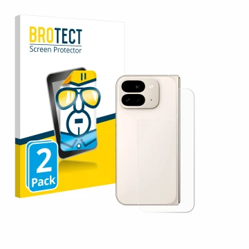 Vorderseite einer Produktverpackung mit dem Markenlogo BROTECT. Daneben ist das Gerät Google Pixel 9 Pro Fold (Rückseite) mit 