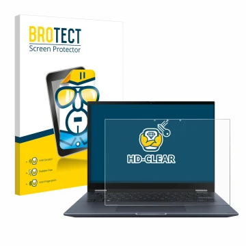 Vorderseite einer Produktverpackung mit dem Markenlogo BROTECT. Daneben ist das Gerät ASUS Vivobook S 14 Flip TN3402 mit dem z