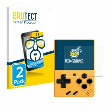 Vorderseite einer Produktverpackung mit dem Markenlogo BROTECT. Daneben ist das Gerät Miyoo Mini V4 mit dem zugehörigen Displa