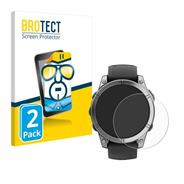 Vorderseite einer Produktverpackung mit dem Markenlogo BROTECT. Daneben ist das Gerät Garmin Fenix E mit dem zugehörigen Displ