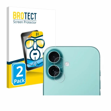 Vorderseite einer Produktverpackung mit dem Markenlogo BROTECT. Daneben ist das Gerät Apple iPhone 16 (NUR Kameraschutz) mit d