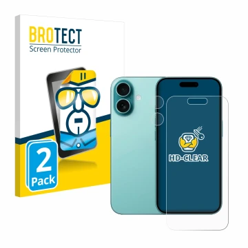 Vorderseite einer Produktverpackung mit dem Markenlogo BROTECT. Daneben ist das Gerät Apple iPhone 16 (Display+Kamera) mit dem