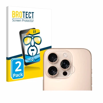 Vorderseite einer Produktverpackung mit dem Markenlogo BROTECT. Daneben ist das Gerät Apple iPhone 16 Pro (NUR Kameraschutz) m