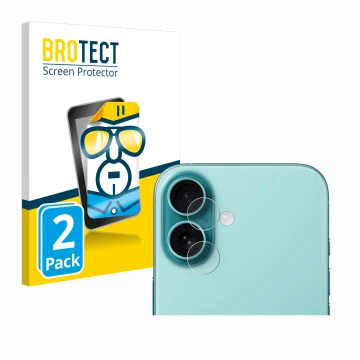 Vorderseite einer Produktverpackung mit dem Markenlogo BROTECT. Daneben ist das Gerät Apple iPhone 16 Plus (NUR Kameraschutz) 