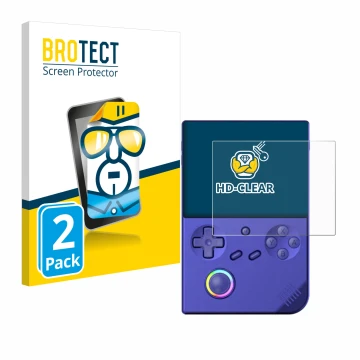Vorderseite einer Produktverpackung mit dem Markenlogo BROTECT. Daneben ist das Gerät Anbernic RG40XXV mit dem zugehörigen Dis