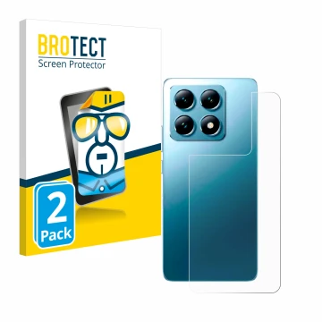 Vorderseite einer Produktverpackung mit dem Markenlogo BROTECT. Daneben ist das Gerät Xiaomi 14T (Rückseite) mit dem zugehörig