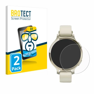 Vorderseite einer Produktverpackung mit dem Markenlogo BROTECT. Daneben ist das Gerät Garmin Lily 2 Active mit dem zugehörigen