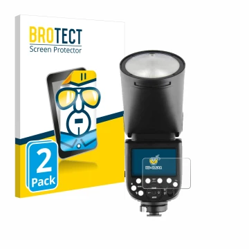 Vorderseite einer Produktverpackung mit dem Markenlogo BROTECT. Daneben ist das Gerät Godox TT685 II mit dem zugehörigen Displ
