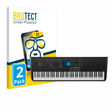 Vorderseite einer Produktverpackung mit dem Markenlogo BROTECT. Daneben ist das Gerät Yamaha MODX8+ mit dem zugehörigen Displa
