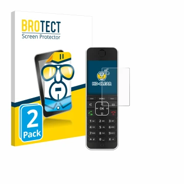 Vorderseite einer Produktverpackung mit dem Markenlogo BROTECT. Daneben ist das Gerät AVM Fritz!Fon C6 Black mit dem zugehörig