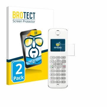 Vorderseite einer Produktverpackung mit dem Markenlogo BROTECT. Daneben ist das Gerät AVM Fritz!Fon M2 mit dem zugehörigen Dis