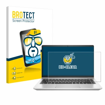Vorderseite einer Produktverpackung mit dem Markenlogo BROTECT. Daneben ist das Gerät HP ProBook 445 G9 mit dem zugehörigen Di