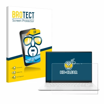 Vorderseite einer Produktverpackung mit dem Markenlogo BROTECT. Daneben ist das Gerät ASUS ZenBook S 14 UX5406 mit dem zugehör