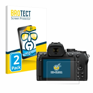Vorderseite einer Produktverpackung mit dem Markenlogo BROTECT. Daneben ist das Gerät Nikon Z50 II mit dem zugehörigen Display