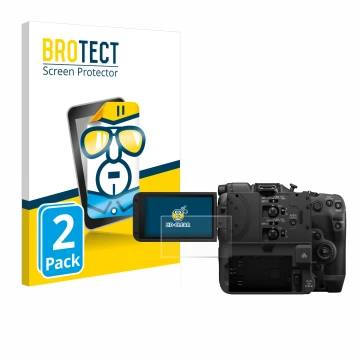 Vorderseite einer Produktverpackung mit dem Markenlogo BROTECT. Daneben ist das Gerät Canon EOS C400 mit dem zugehörigen Displ