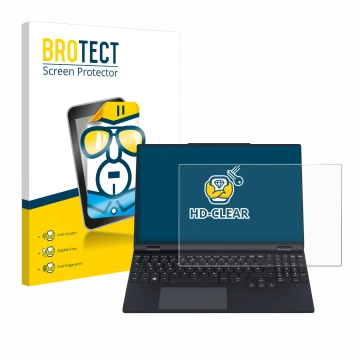 Vorderseite einer Produktverpackung mit dem Markenlogo BROTECT. Daneben ist das Gerät Tuxedo InfinityBook Pro 15 Gen 9 mit dem