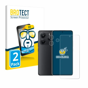Vorderseite einer Produktverpackung mit dem Markenlogo BROTECT. Daneben ist das Gerät Xiaomi Redmi Note 14 (Display+Kamera) mi
