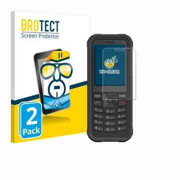 Vorderseite einer Produktverpackung mit dem Markenlogo BROTECT. Daneben ist das Gerät Sonim XP100 mit dem zugehörigen Displays