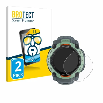 Vorderseite einer Produktverpackung mit dem Markenlogo BROTECT. Daneben ist das Gerät Garmin Instinct 3 AMOLED (50 mm) mit dem