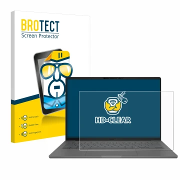 Vorderseite einer Produktverpackung mit dem Markenlogo BROTECT. Daneben ist das Gerät ASUS ZenBook A14 UX3407 mit dem zugehöri