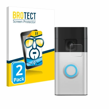Vorderseite einer Produktverpackung mit dem Markenlogo BROTECT. Daneben ist das Gerät Ring Battery Video Doorbell mit dem zuge