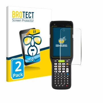 Vorderseite einer Produktverpackung mit dem Markenlogo BROTECT. Daneben ist das Gerät Zebra MC3400 mit dem zugehörigen Display