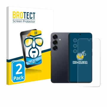 Vorderseite einer Produktverpackung mit dem Markenlogo BROTECT. Daneben ist das Gerät Samsung Galaxy S25 (Display+Kamera) mit 