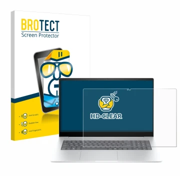 Vorderseite einer Produktverpackung mit dem Markenlogo BROTECT. Daneben ist das Gerät HP Envy 17-da0777ng mit dem zugehörigen 