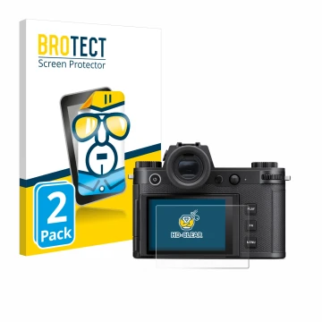 Vorderseite einer Produktverpackung mit dem Markenlogo BROTECT. Daneben ist das Gerät Leica SL3-S mit dem zugehörigen Displays