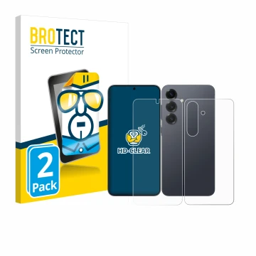 Vorderseite einer Produktverpackung mit dem Markenlogo BROTECT. Daneben ist das Gerät Samsung Galaxy S25 (Display+Rückseite) m