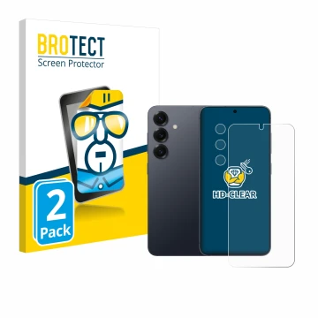 Vorderseite einer Produktverpackung mit dem Markenlogo BROTECT. Daneben ist das Gerät Samsung Galaxy S25 Plus (Display+Kamera)